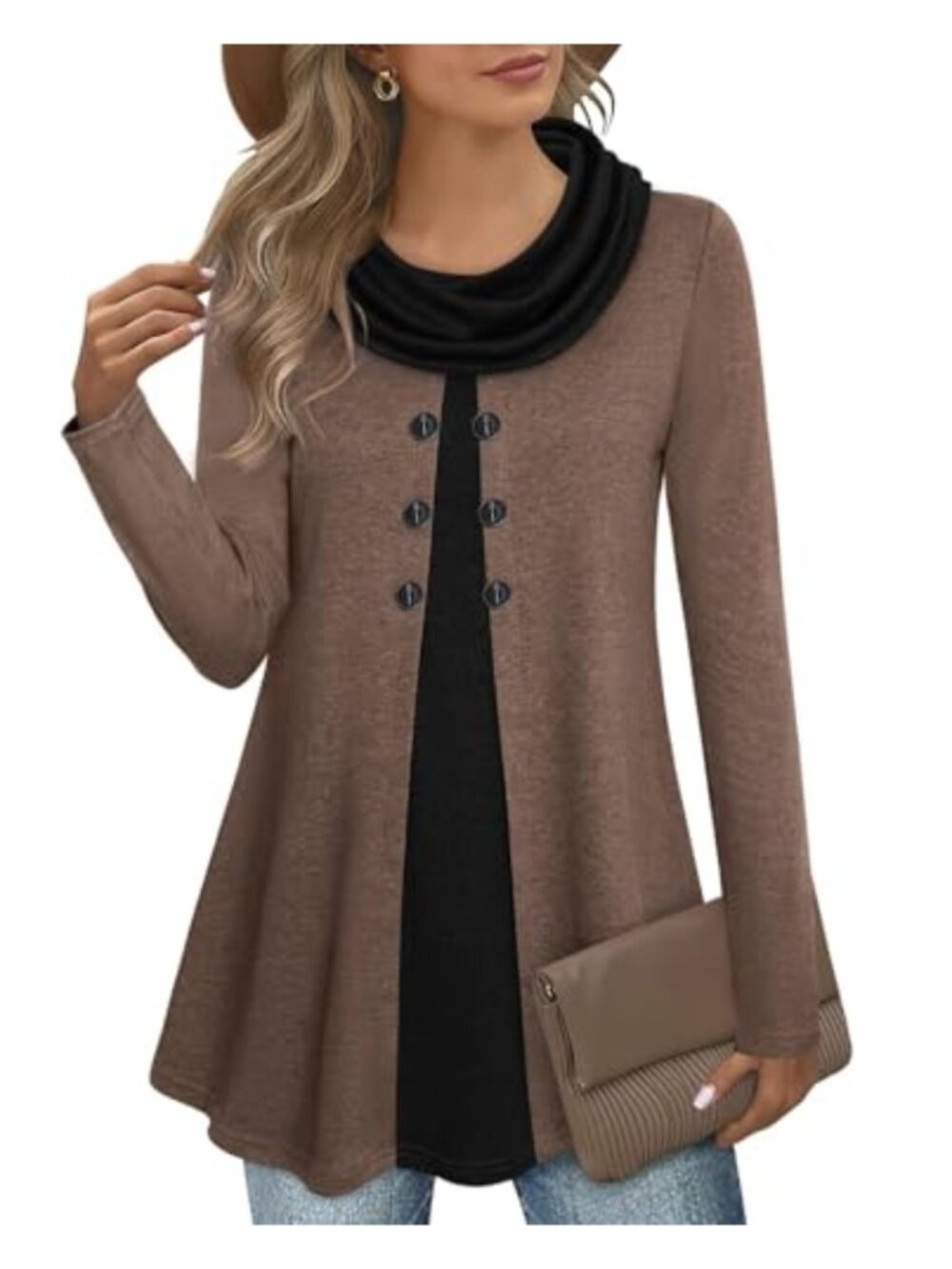 Cowl Neck Tunic Sweatshirt Long Sleeve Pullover with Buttons Fall Winter